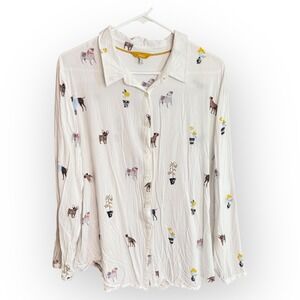 Joules Elvina Cream Dog Print Button Up Long Sleeve Shirt Women's US 14